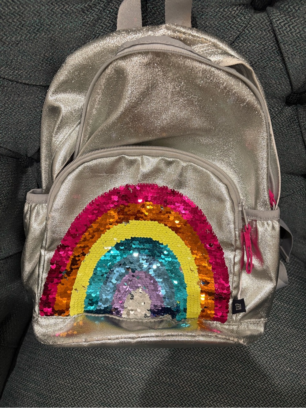 GAP Kids EUC LIMITED EDITION!! Silver Backpack with Multicolor Sequin Rainbow